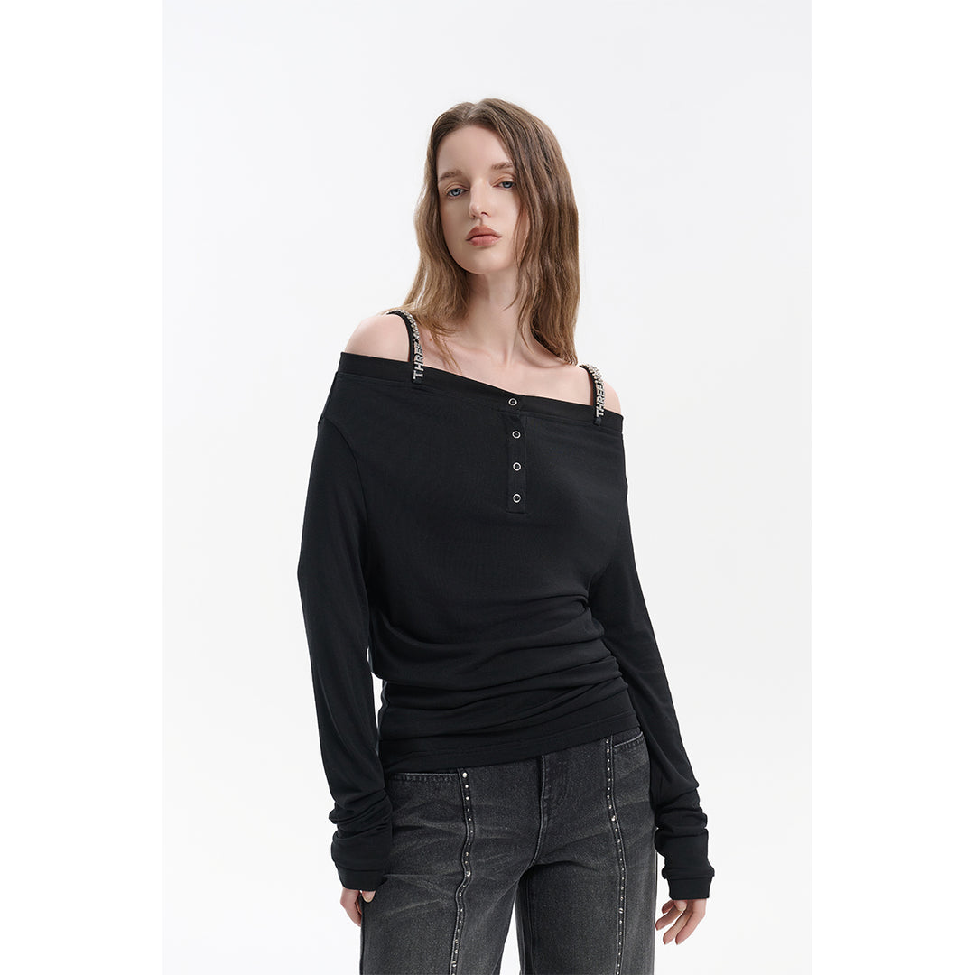 Three Quarters Logo Diamond Chain Off Shoulder Wool Top Black