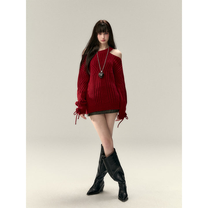 Via Pitti Rose Bow Irregular Collar Two-Way Sweater Red