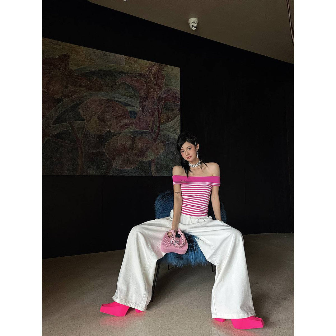 Three Quarters Striped Off-Shoulder Knit Top Pink - Mores Studio