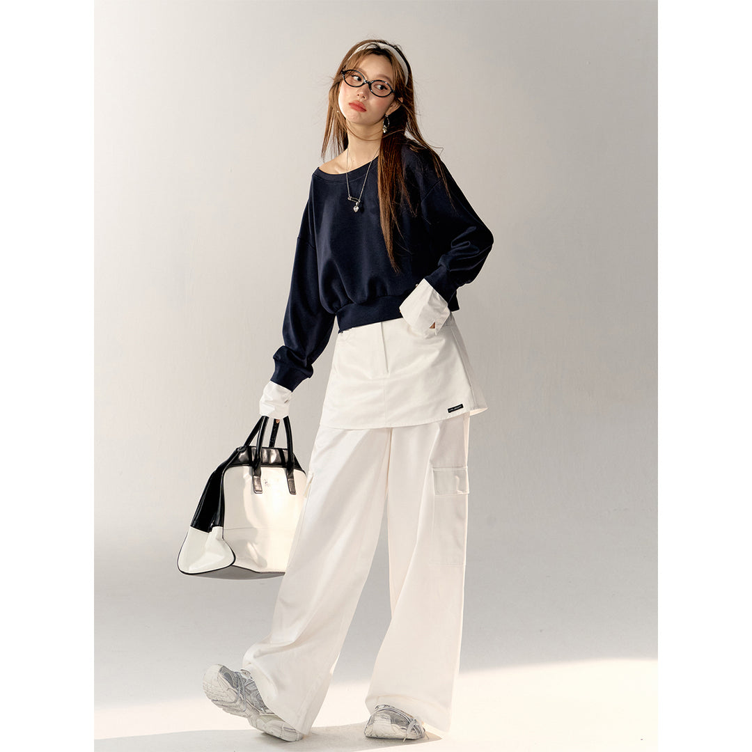 AsGony Fake-2-Piece Wide-Leg Casual Cargo Pants White