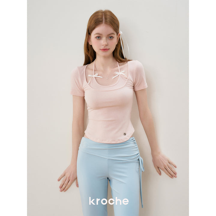 Kroche Fake-2-Piece Halter Bow Short Sleeve Tee Pink