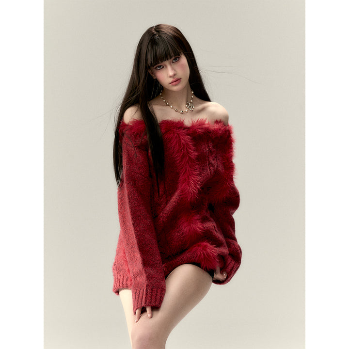 Via Pitti Off Shoulder Fur Integrated Knit Sweater Red