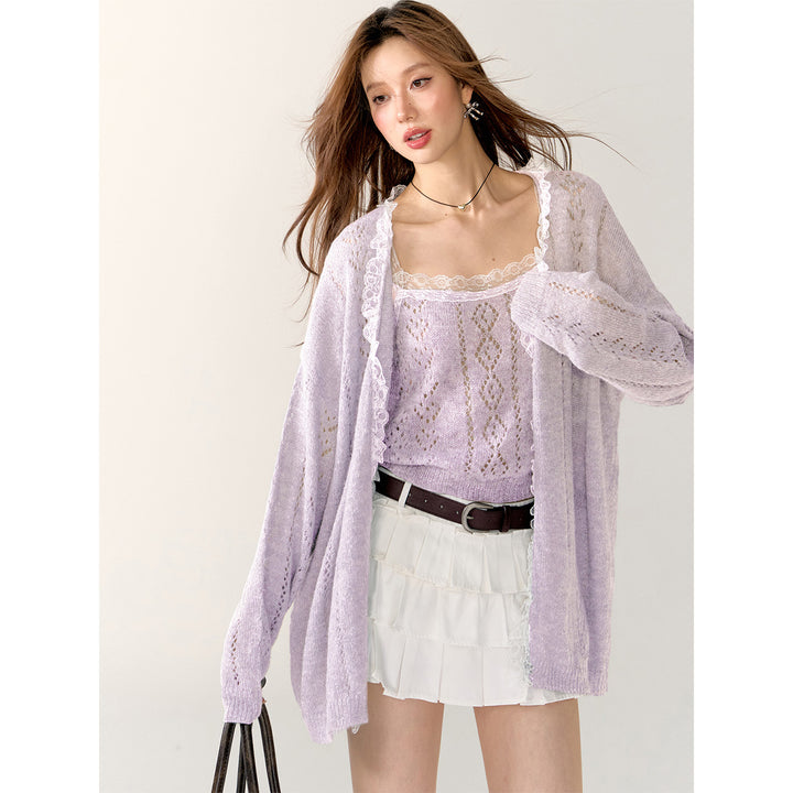 AsGony Lace Edge Hollow Cutting Knit Slip Vest Purple