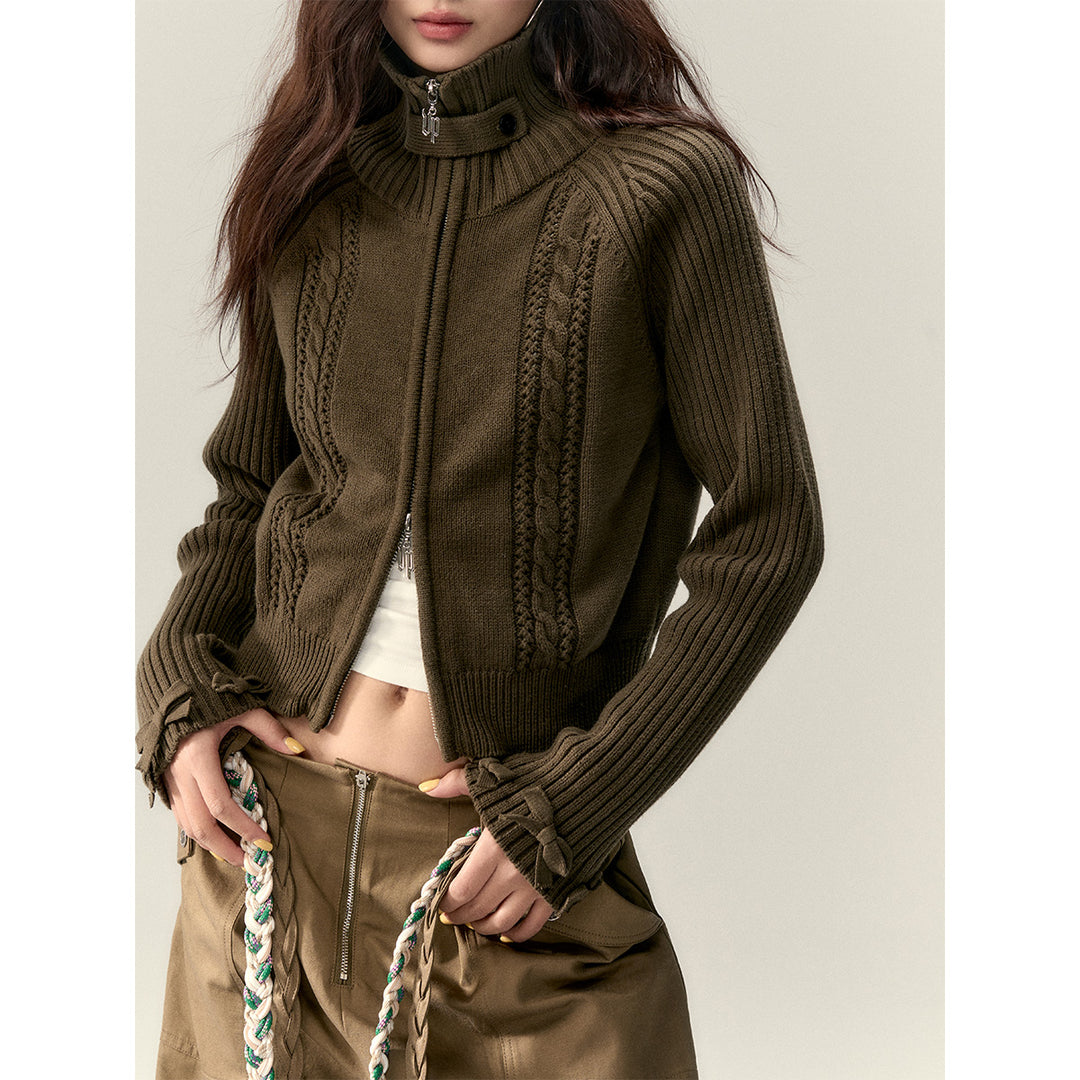 Via Pitti Heavy Bow High Collar Knit Zipped Cardigan Olive Green