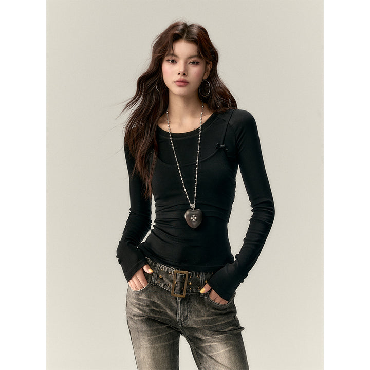 Via Pitti Bow-Knot Vest & Long Sleeve Slim Top Set Black