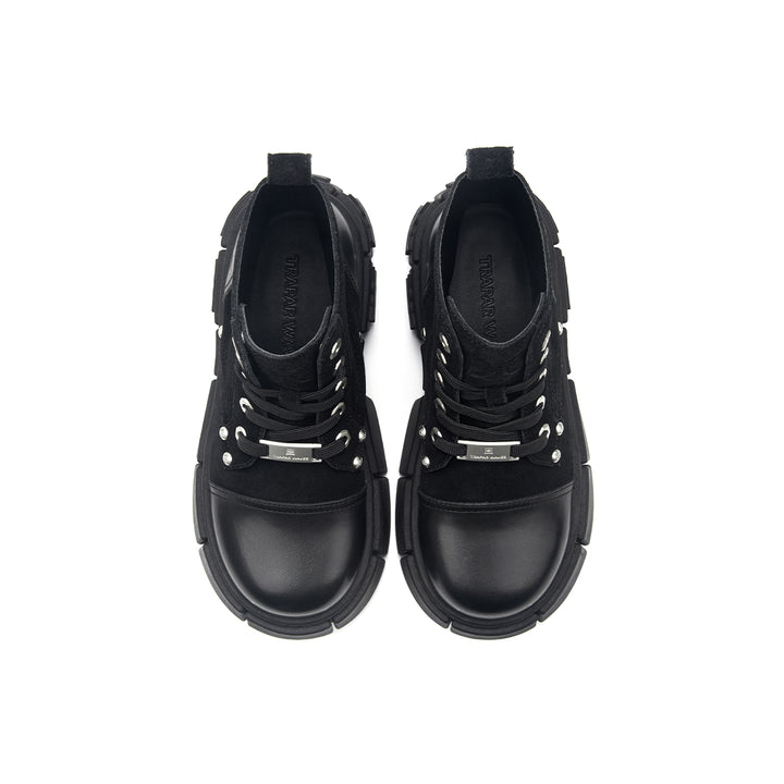 Trapar Waves Thick-Soled Logo Casual Leather Boots Black