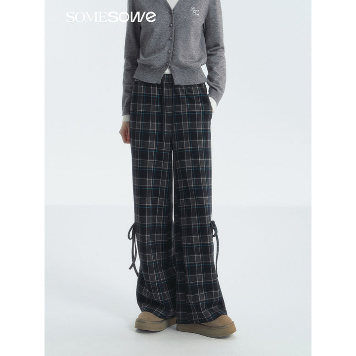 SomeSowe Bow Drawstring Plaid Wide-Leg Pants Blue