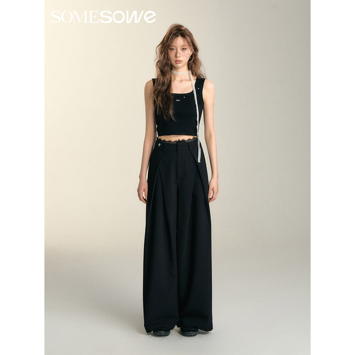 SomeSowe Lace Patchwork Pleated Suit Pants Black