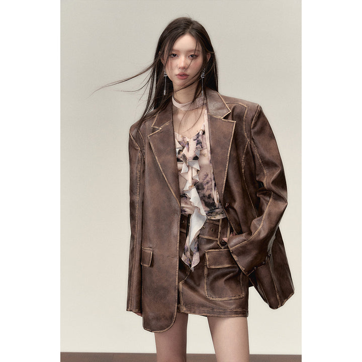 Via Pitti Distressed Heavy Washed Leather Skirt Brown - Mores Studio