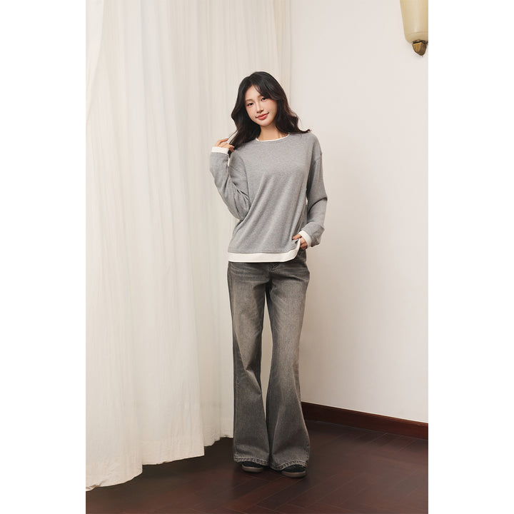 Three Quarters Fake-2-Piece Mousse Cashmere Loose Top Gray