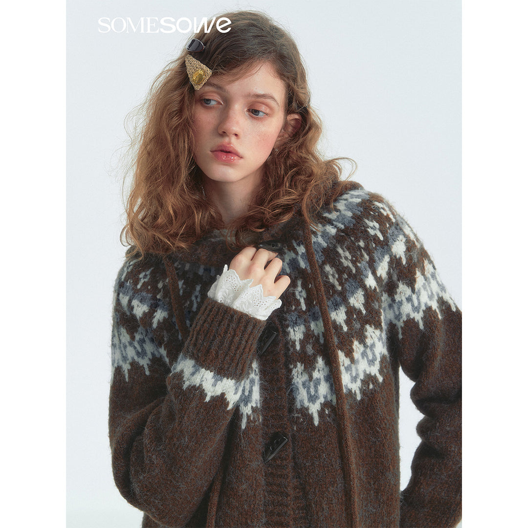 SomeSowe Fair Isle Hooded Knit Cardigan Brown