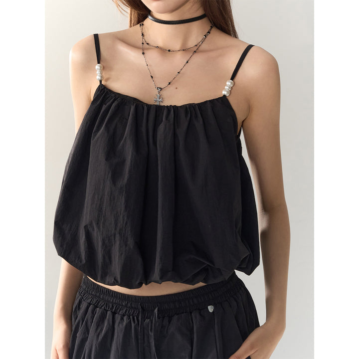 AsGony Pearl Beaded Strap Slip Vest Black