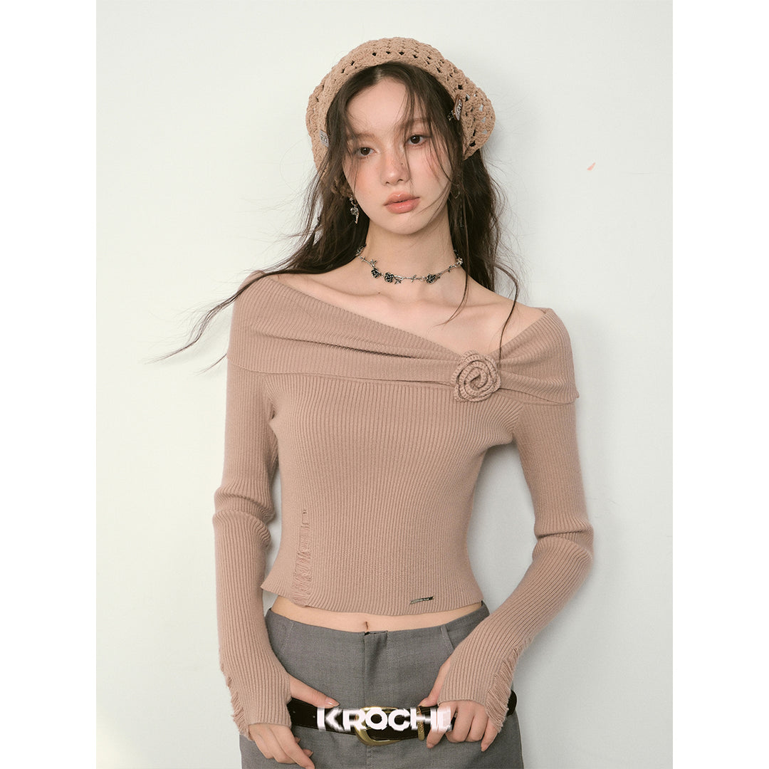 Kroche 3D Rose Off-Shoulder Knitted Top Khaki - Mores Studio
