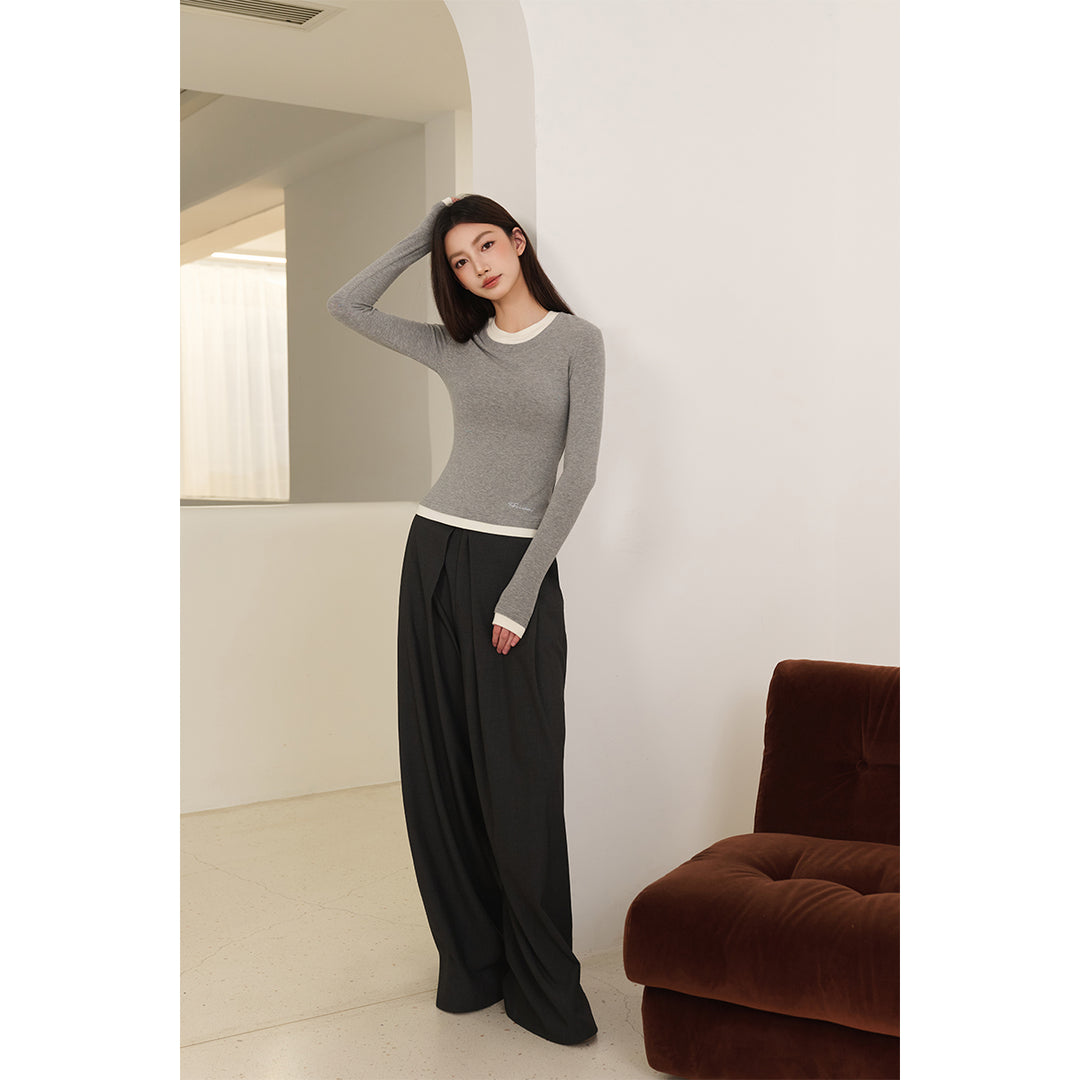 Three Quarters Hotfix Logo Fake-2-Piece Mousse Cashmere Top Gray