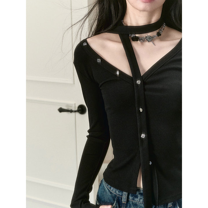 Via Pitti Irregular Ribbon Diagonal Shoulder Button Top Black