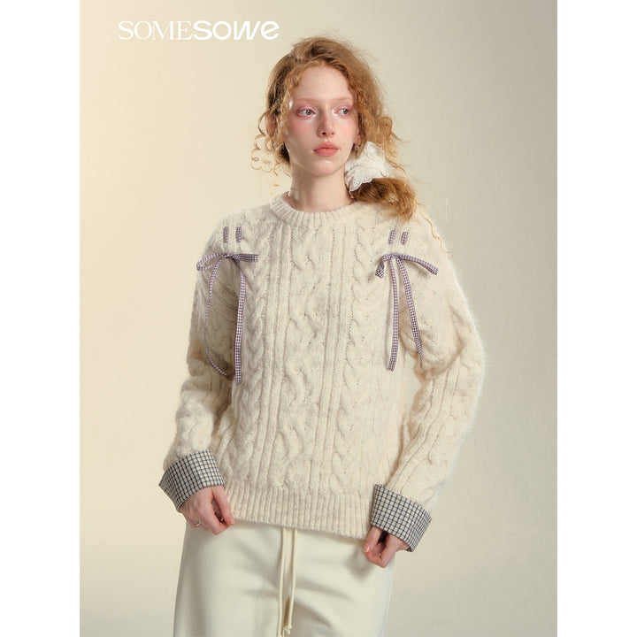 SomeSowe Plaid Drawstring Knit Sweater Beige