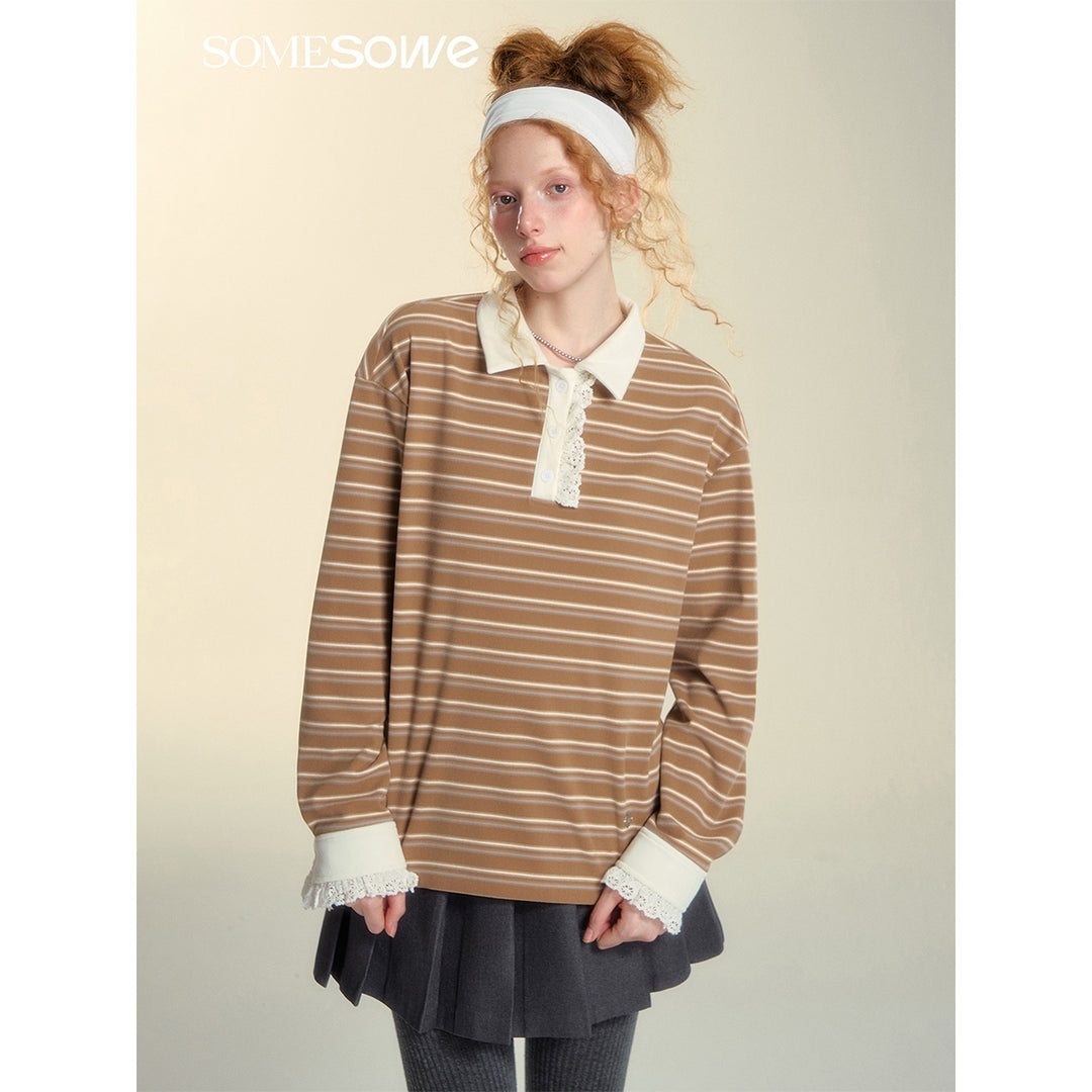 SomeSowe Lace Edge Striped Long Sleeve Polo Top Brown