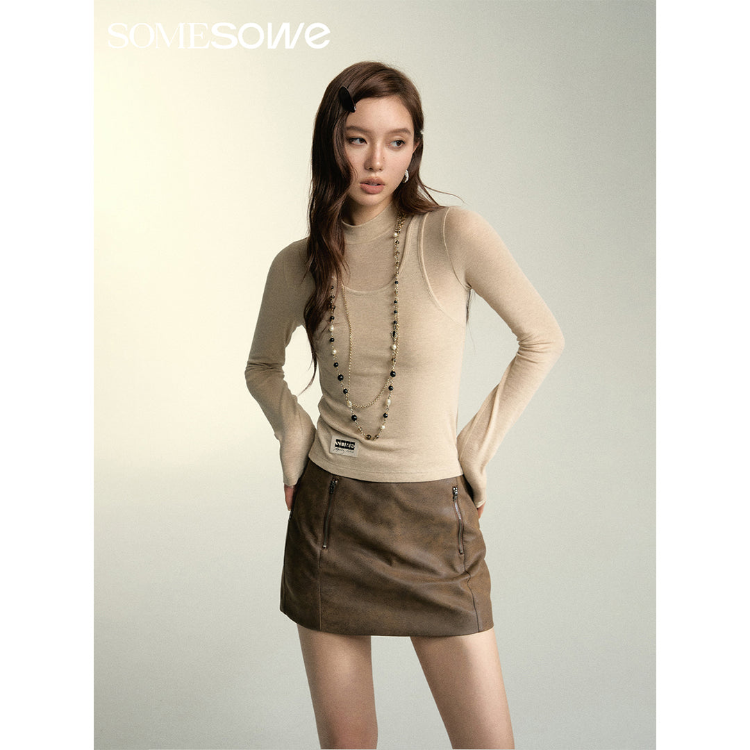 SomeSowe Turtleneck Fake-2-Piece Slim Woolen Top Khaki - Mores Studio