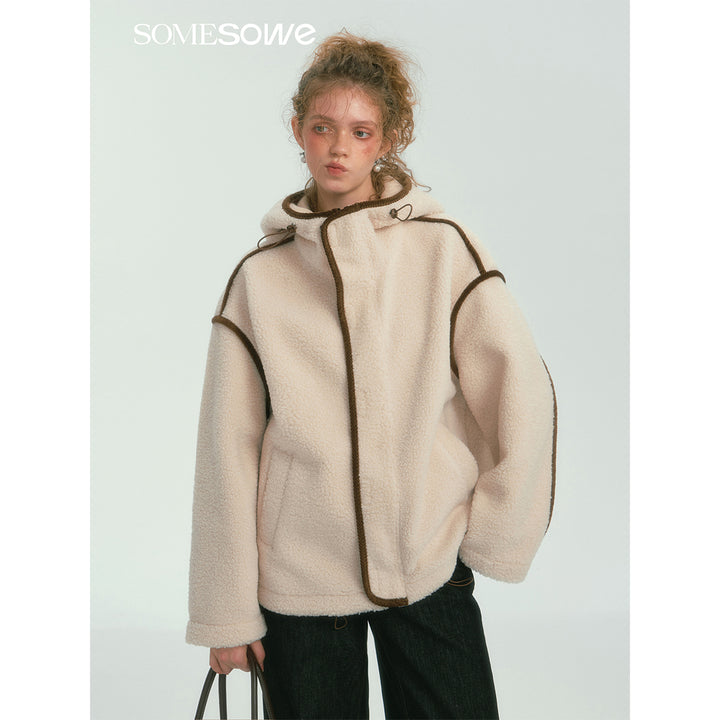 SomeSowe Contrast Color Edge Fleece Hooded Jacket Beige