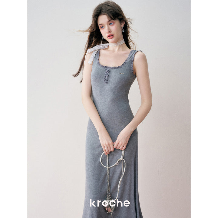 Kroche Lace Knit Sling Long Dress Gray