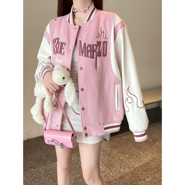 13De Marzo Plush Rabbit Flame Baseball Jacket Pink - Mores Studio