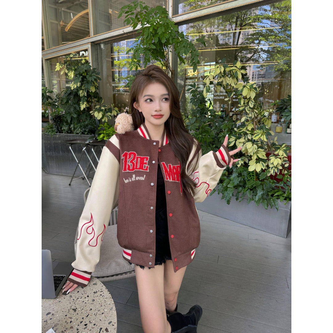 13De Marzo Plush Bear Flame Baseball Jacket Brown - Mores Studio