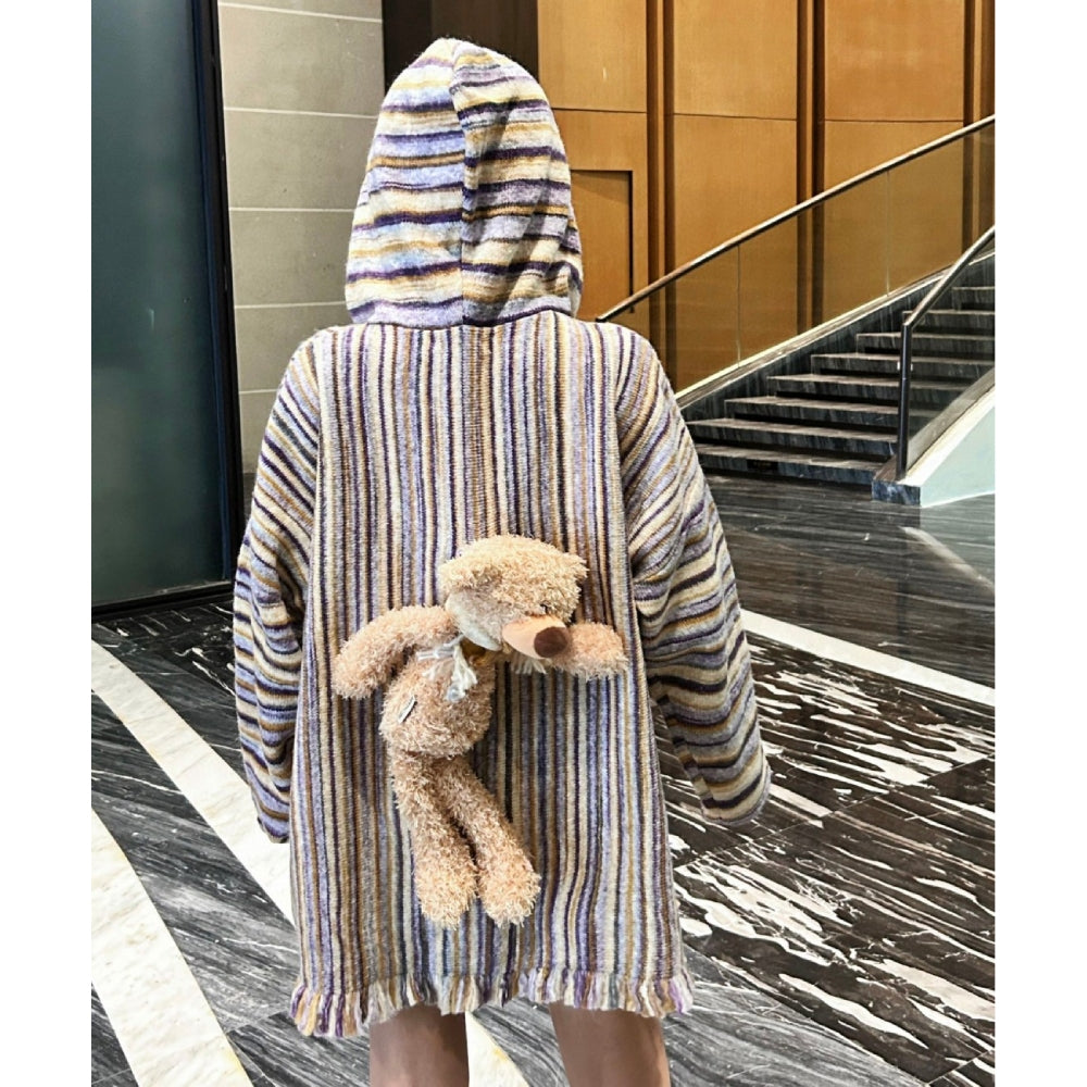 13De Marzo Plush Bear Color Striped Knit Hoodie Purple - Mores Studio