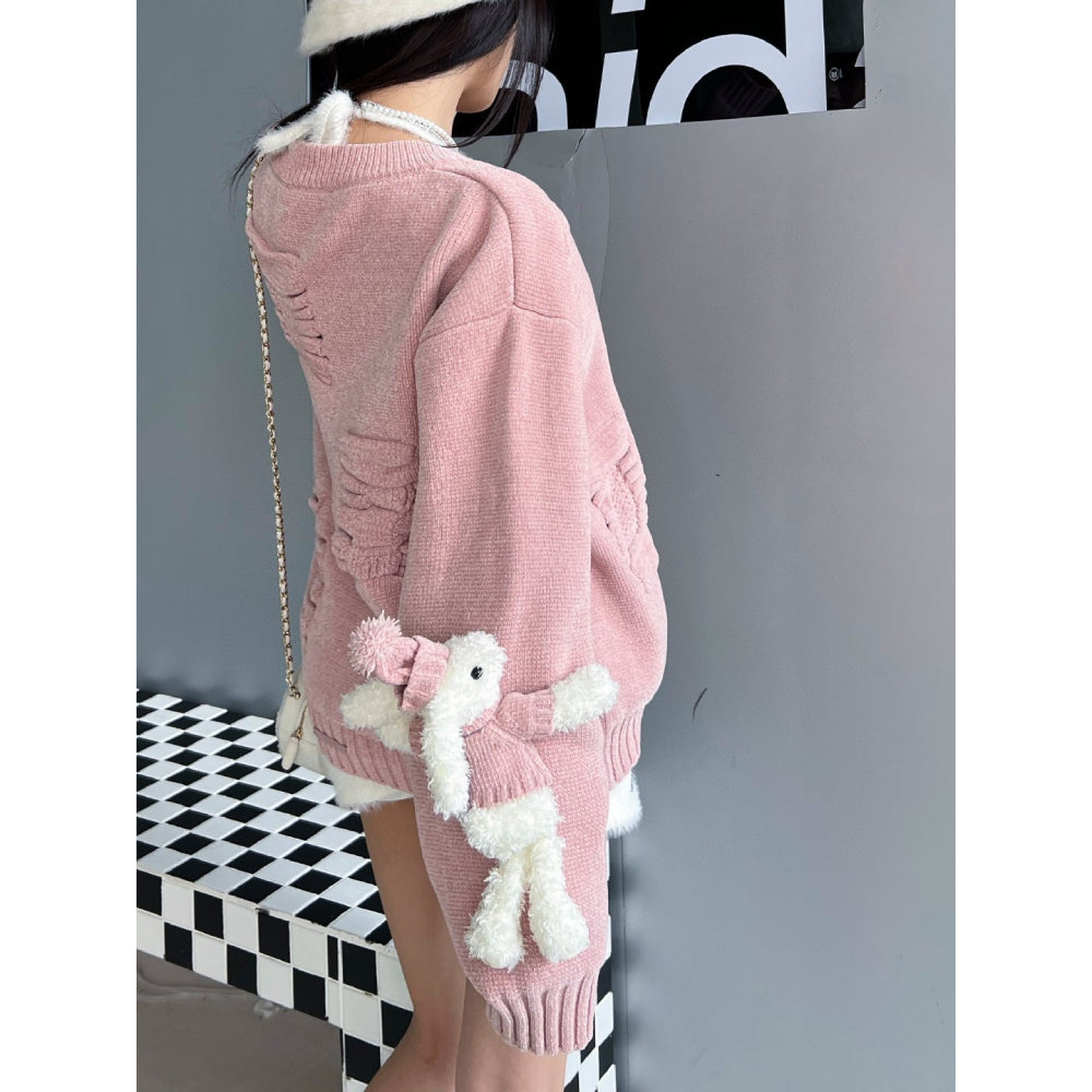 13De Marzo Plush Rabbit Jacquard Letter Knit Cardigan Pink - Mores Studio