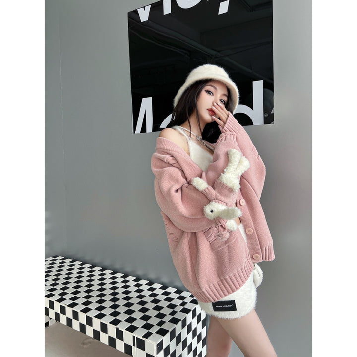 13De Marzo Plush Rabbit Jacquard Letter Knit Cardigan Pink - Mores Studio