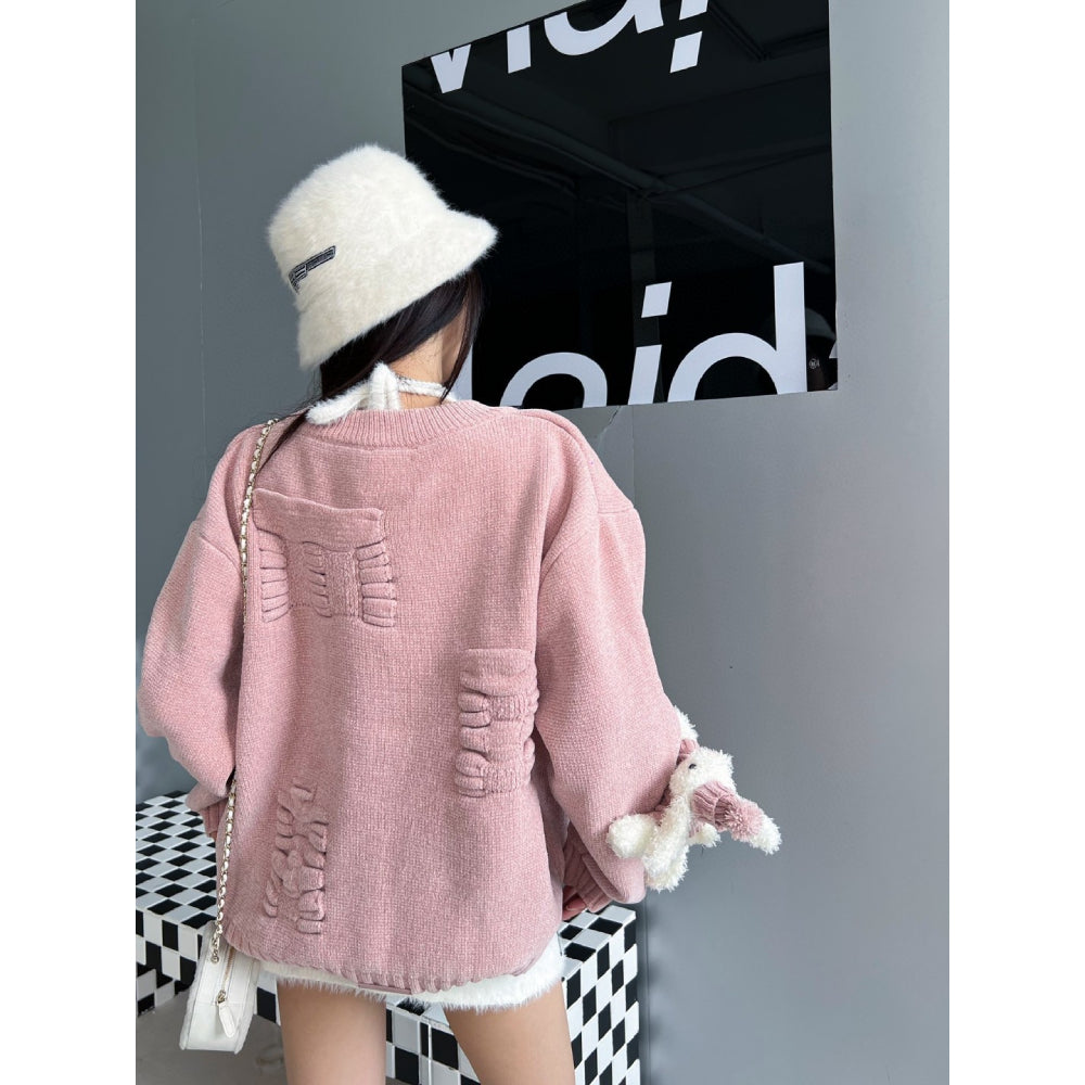 13De Marzo Plush Rabbit Jacquard Letter Knit Cardigan Pink - Mores Studio