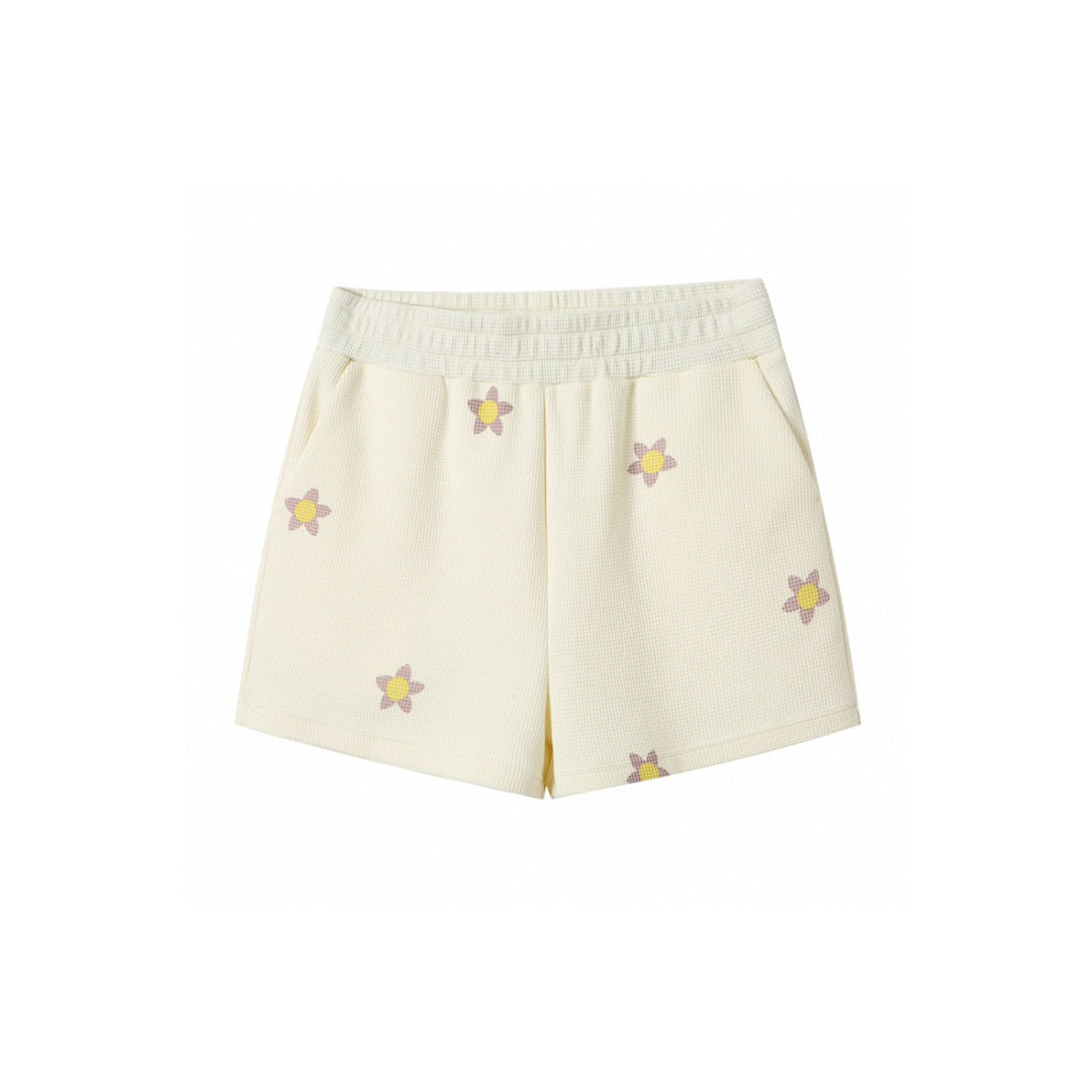 Andrea Martin Flower Printed Waffle Shorts Beige - Mores Studio