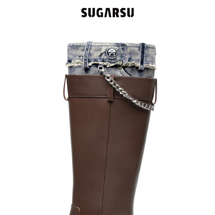 SugarSu Metal Buckle Denim Top Leather Boots Brown - Mores Studio