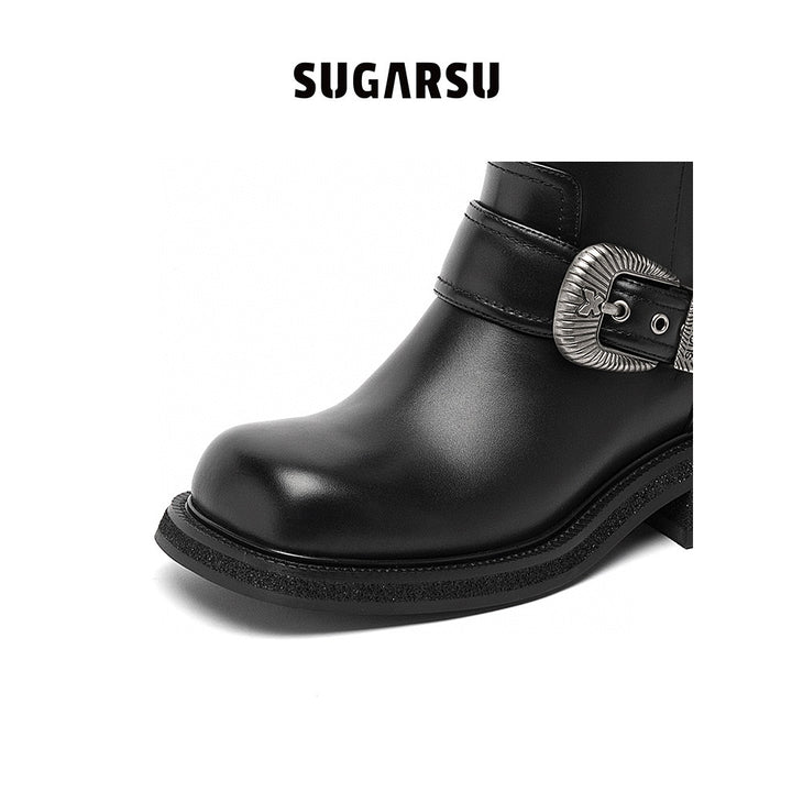 SugarSu Metal Buckle Denim Top Leather Boots Black - Mores Studio
