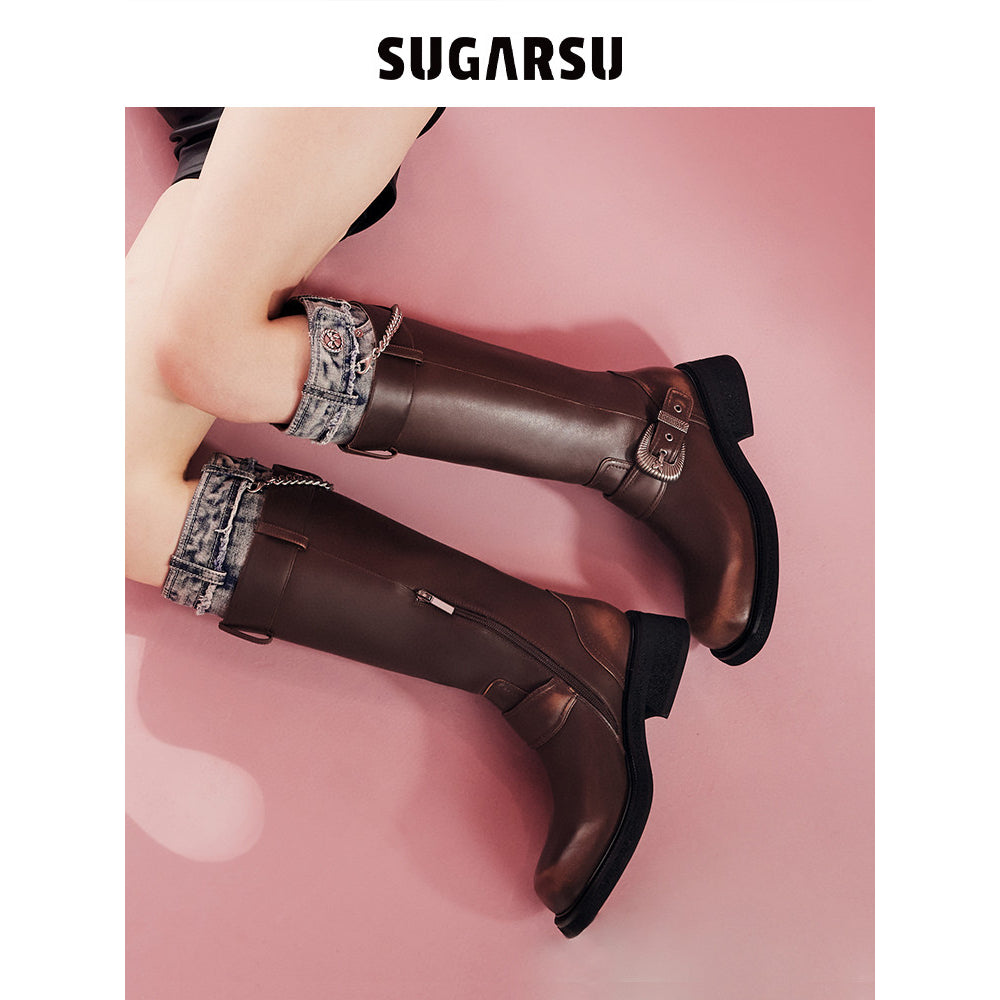 SugarSu Metal Buckle Denim Top Leather Boots Brown - Mores Studio