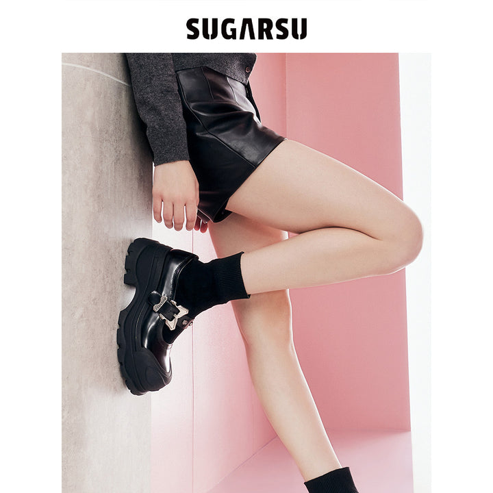 SugarSu Butterfly Buckle Robber Sole Stocking Boots Black - Mores Studio