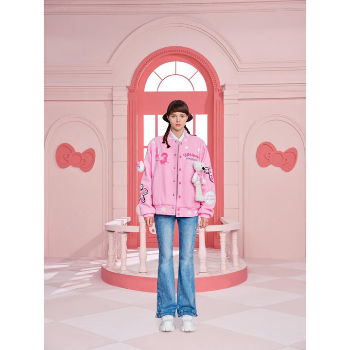 13De Marzo X Hello Kitty Plush Bear Baseball Jacket Pink - Mores Studio