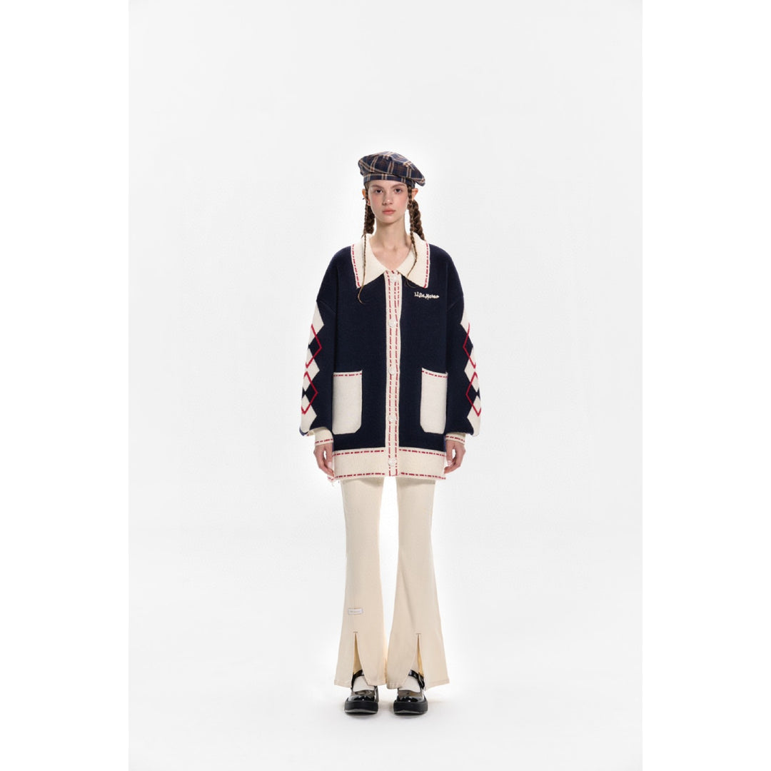 13De Marzo Plush Bear Color Blocked Lapel Cardigan - Mores Studio