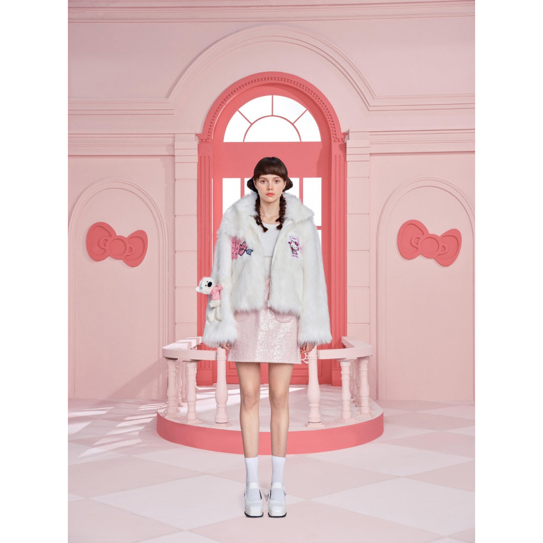 13De Marzo X Hello Kitty Bear Artificial Mink Coat White - Mores Studio