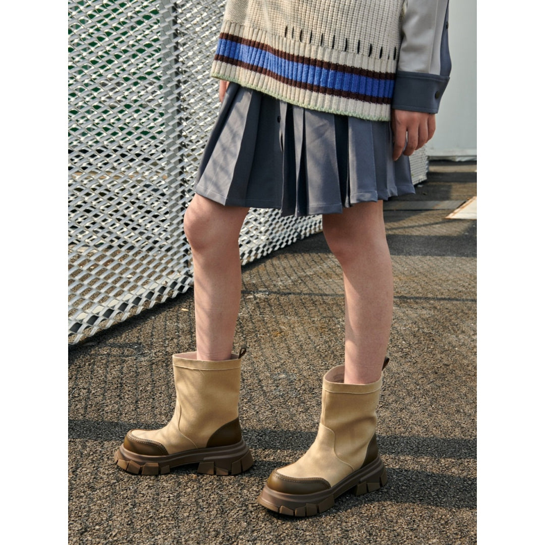 Lost In Echo Wide Heel Leather Boots Sand - Mores Studio