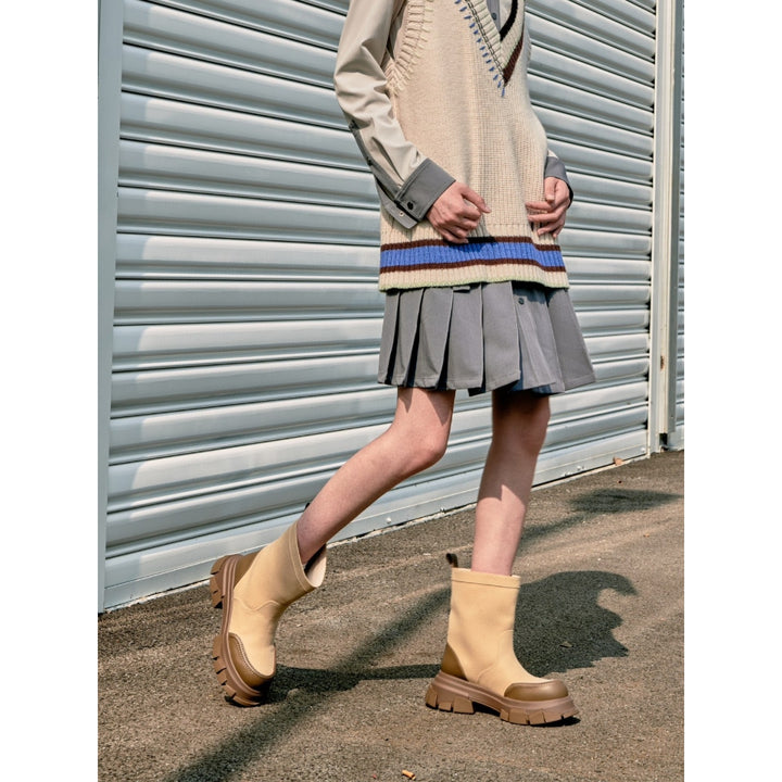 Lost In Echo Wide Heel Leather Boots Sand - Mores Studio