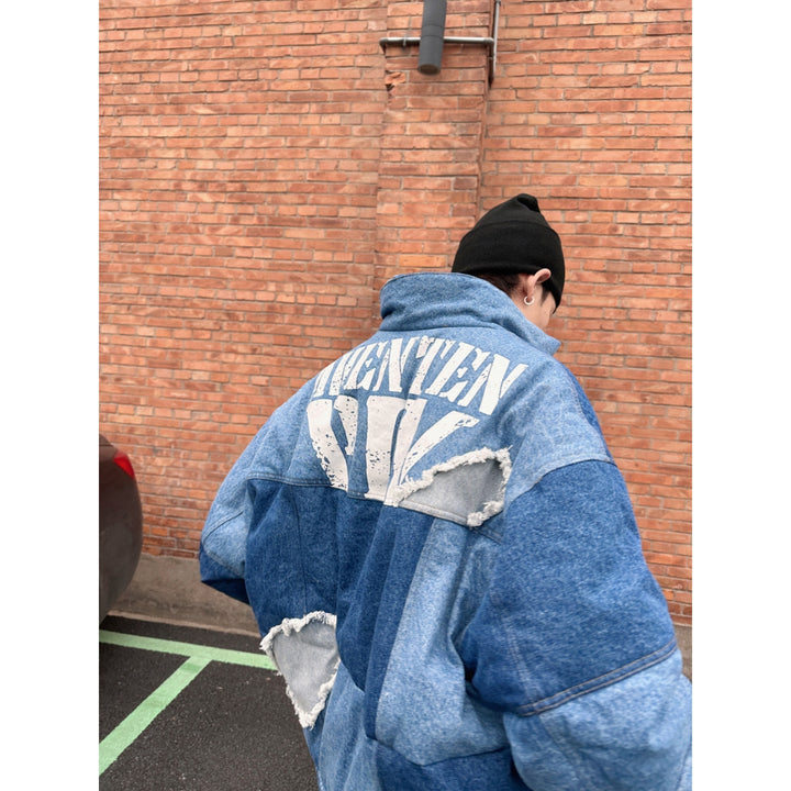 Aventen Pin Destroyed Denim Down Jacket Blue - Mores Studio