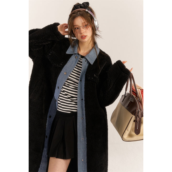 AsGony Fake-2-Piece Denim Patchwork Fleece Long Coat Black