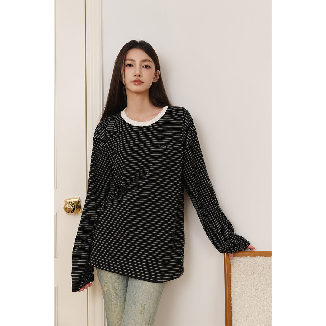 Three Quarters Hotfix Logo Striped Mousse Cashmere L/S Tee Black