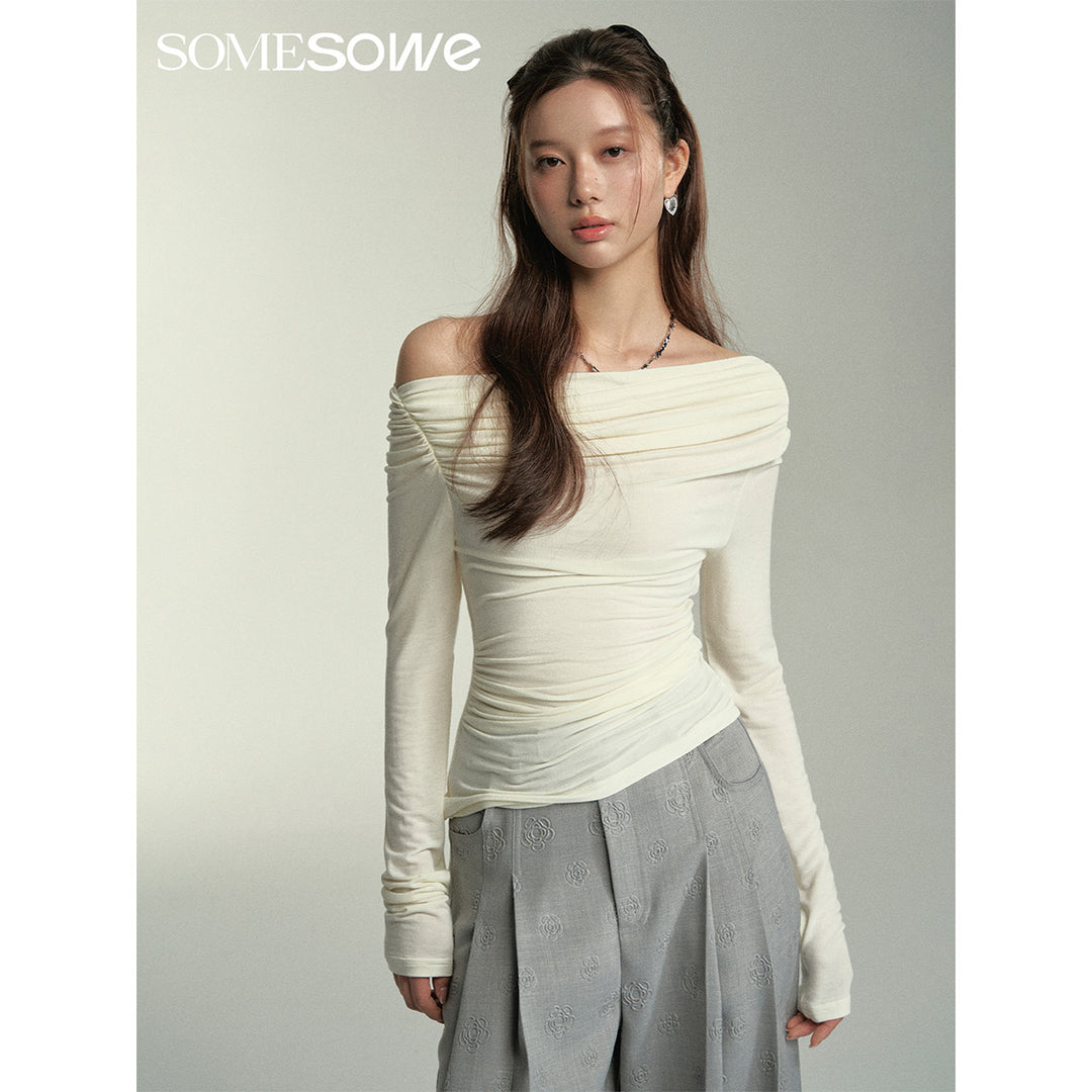 SomeSowe Off-Shoulder Pleated Slim-Fit Top White
