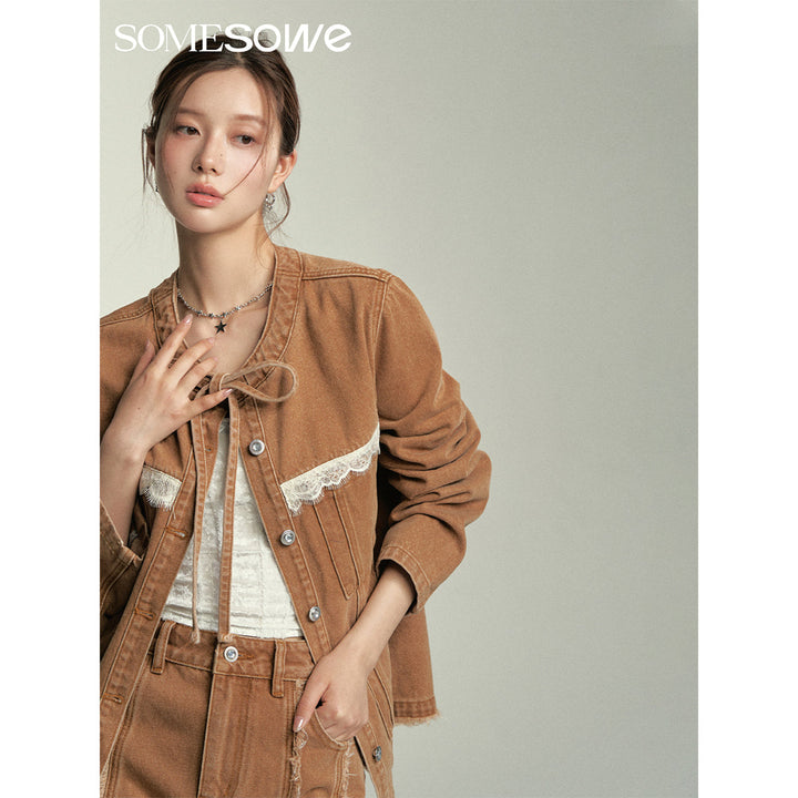 SomeSowe Lace Patchwork Denim Jacket Brown