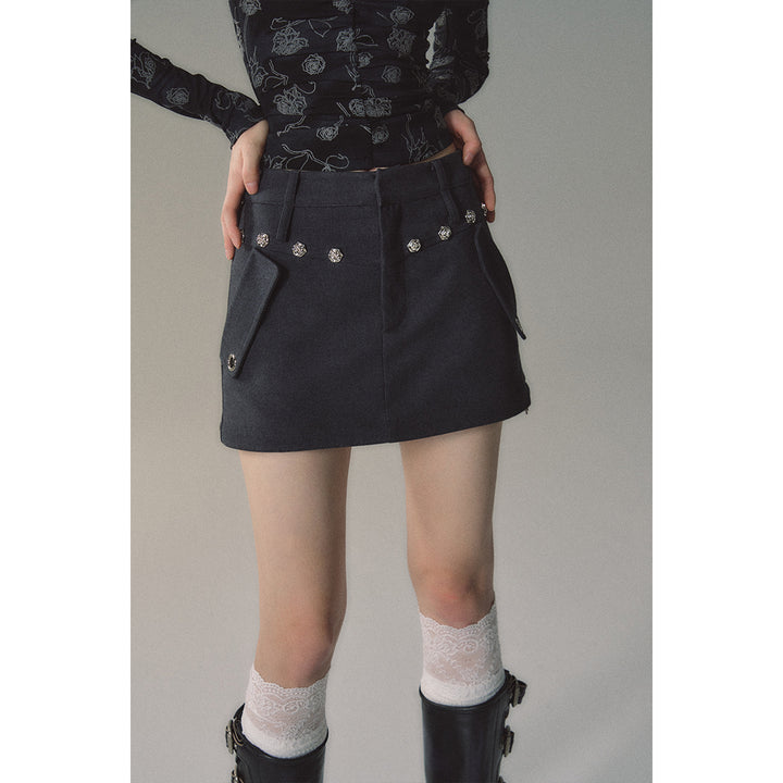 Via Pitti Metal Rose Rivet Mini Skirt Dark Grey - Mores Studio