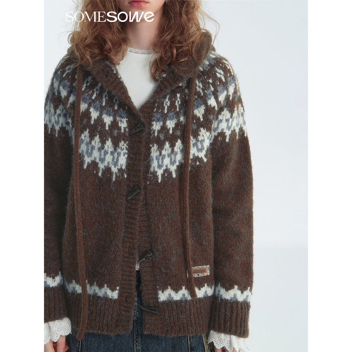 SomeSowe Fair Isle Hooded Knit Cardigan Brown