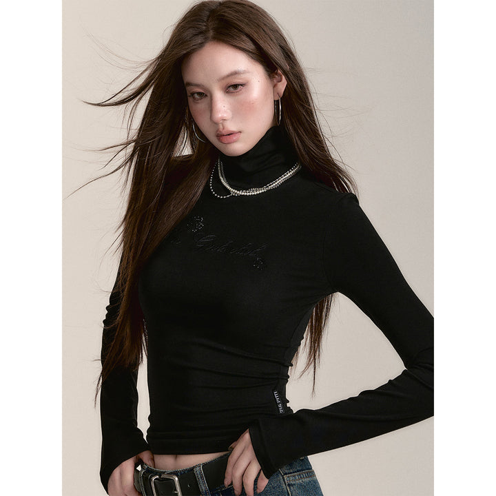 Via Pitti Logo Embroidery Pearl High Collar Slim Top Black