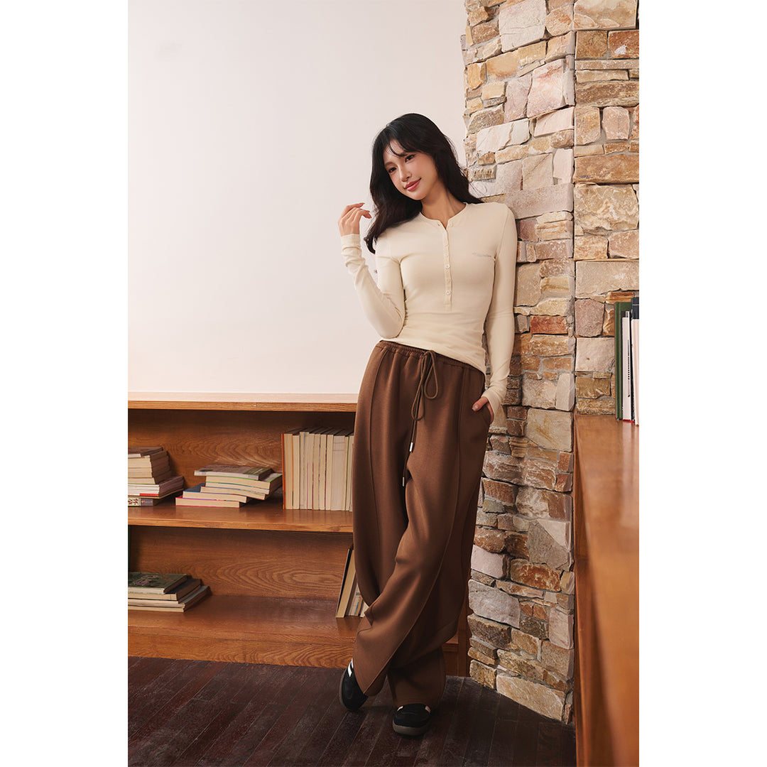 Three Quarters Stretch Loose Fleece-Lined Sweatpants Brown