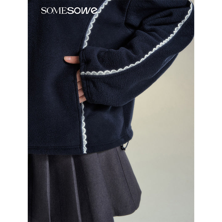 SomeSowe Lace Patchwork Fleece  Sweatshirt Navy Blue